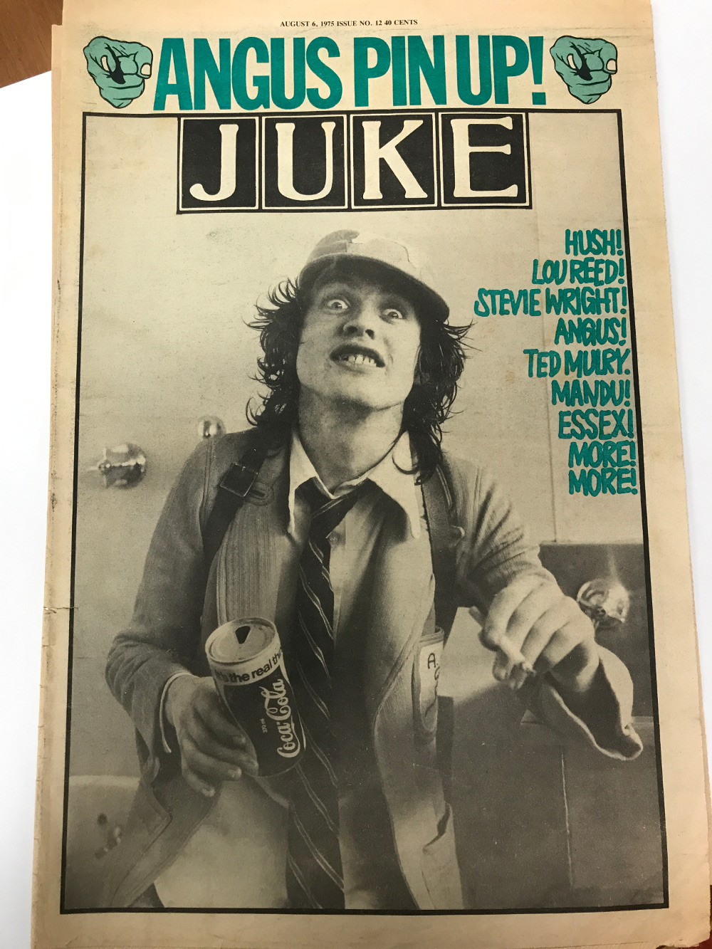 Angus Young on the cover of Juke Magazine.