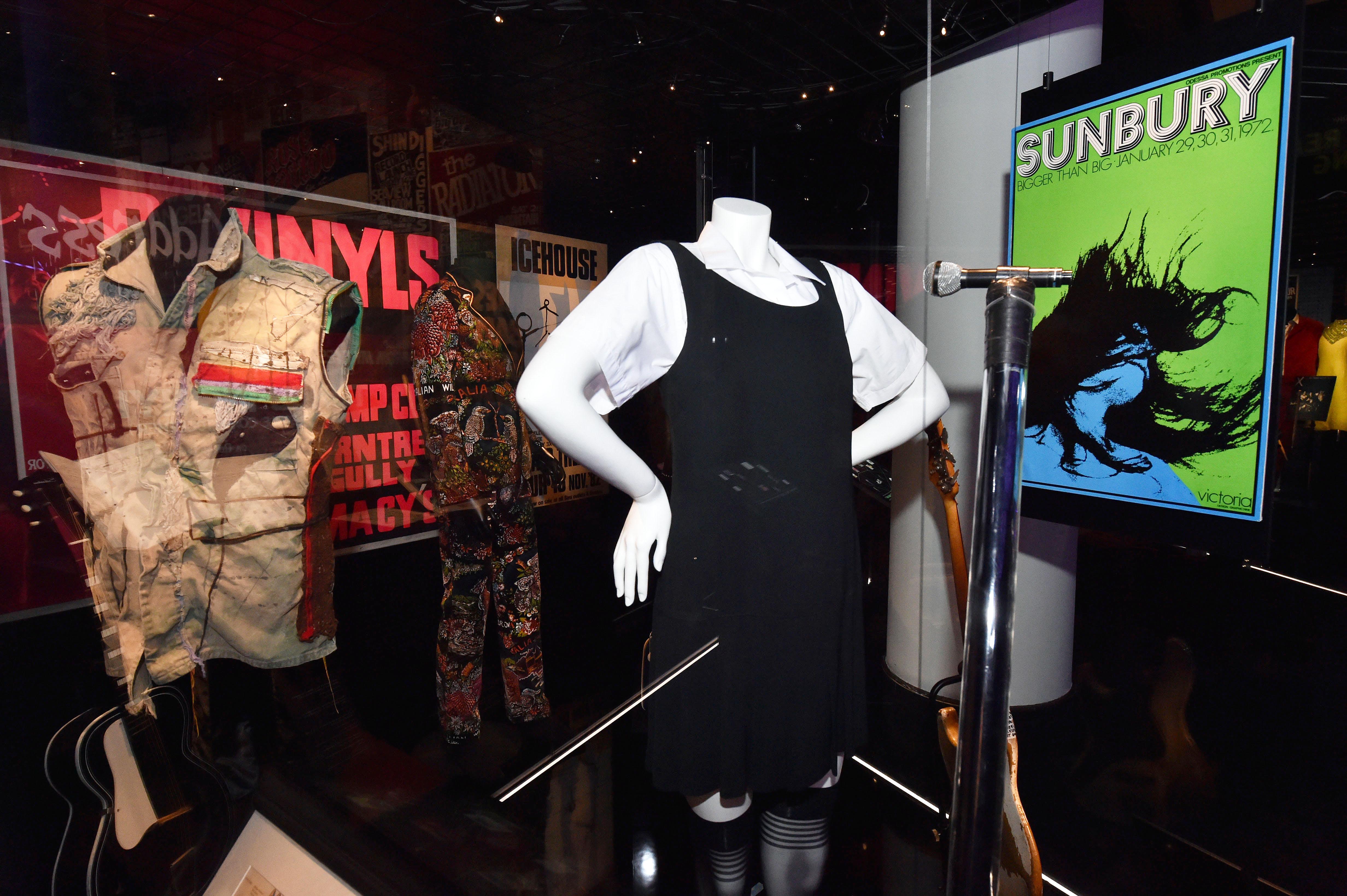 Chrissy Amphlett's school uniform and fishnet stockings displayed on a mannequin in the Australian Music Vault. 