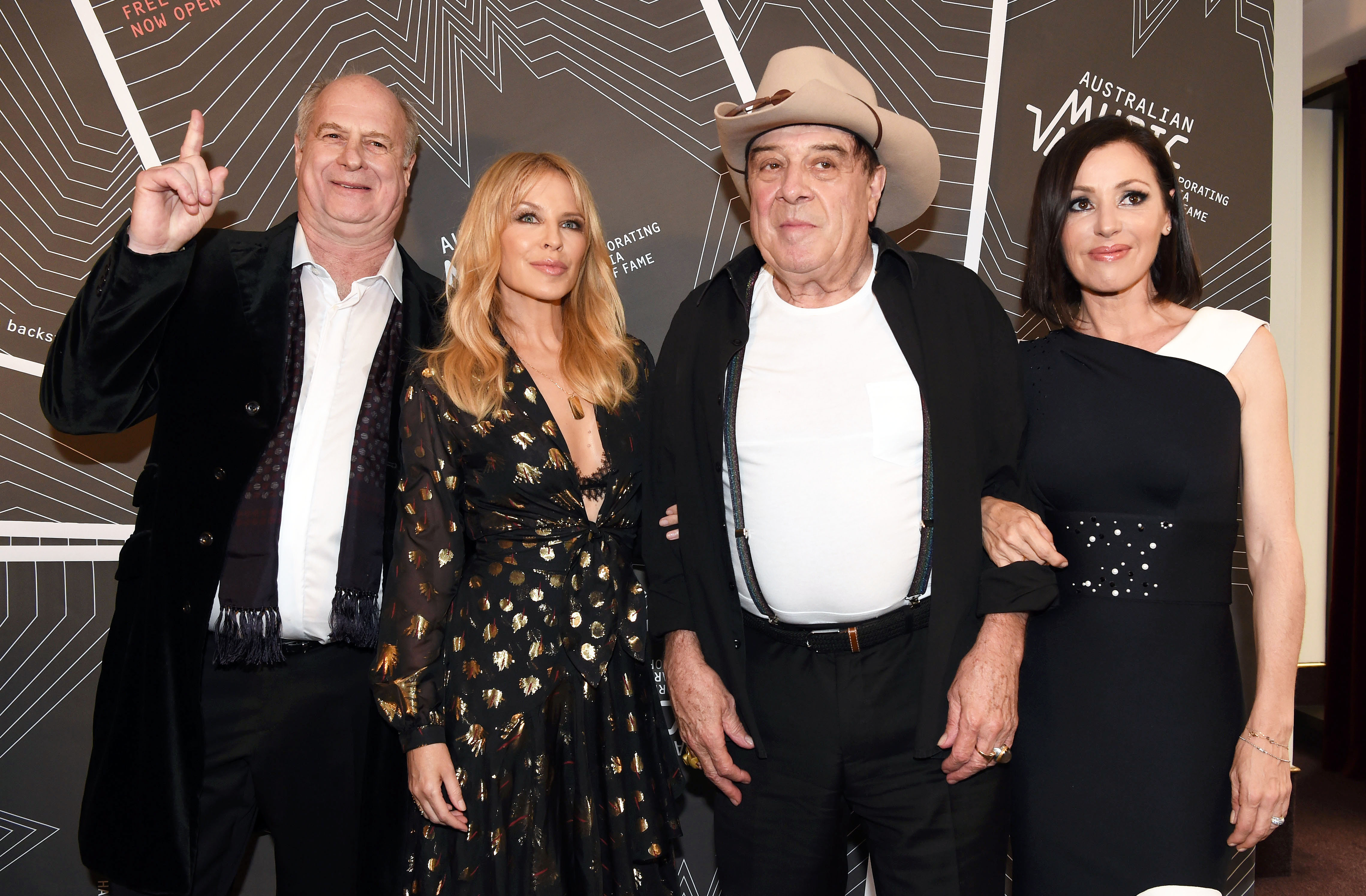 Michael Gudinski, Kylie Minogue, Ian ‘Molly’ Meldrum and Tina Arena at the Australian Music Vault opening night. 