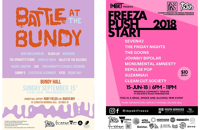 L: Poster promoting a FReeZA event in the regional town of Sale. Courtesy of Emma Hellings, Propellor FReeZA. R: Poster promoting a FReeZA event held in the Mornington Peninsula in 2018. Courtesy of Suzi Yaghmoor, Impakt FReeZA.