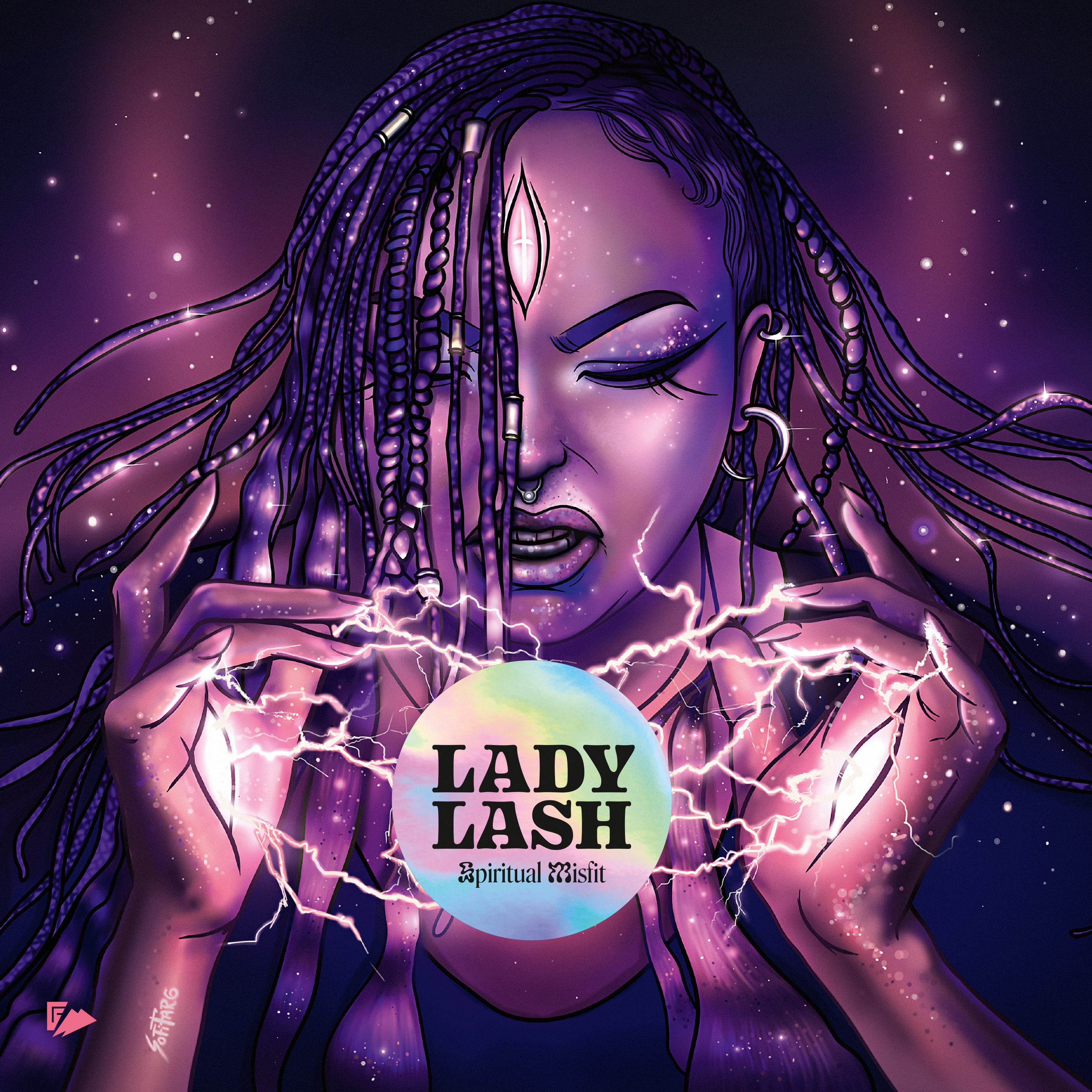 Album cover art for Lady Lash's Spiritual Misfit. The album features a graphic of Lady Lash, with wild beaded dreadlocks, a gemstone in her forhead and covered in glitter. Her hands are drawn together in front of her chest, with lighting sparks shooting out and levitating a pastel, tie-dyed circle with the text 'LADY LASH Spiritual Misfit'. The image has a luminous pink and purple overtone creating a fantasy feel.