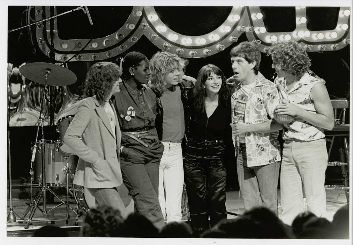 John Paul Young, Marcia Hines, Leif Garrett, Kate Bush, Molly Meldrum and Shirley Strachan on the set of Countdown, c.1978
