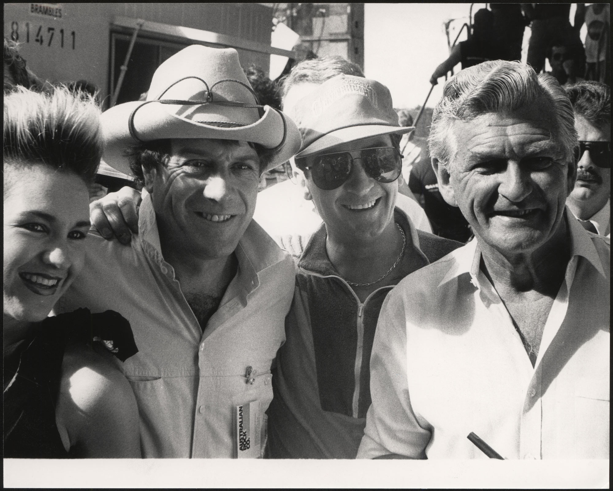 Vicky O'Keefe, Ian 'Molly' Meldrum, Donnie Sutherland and Bob Hawke in 1985