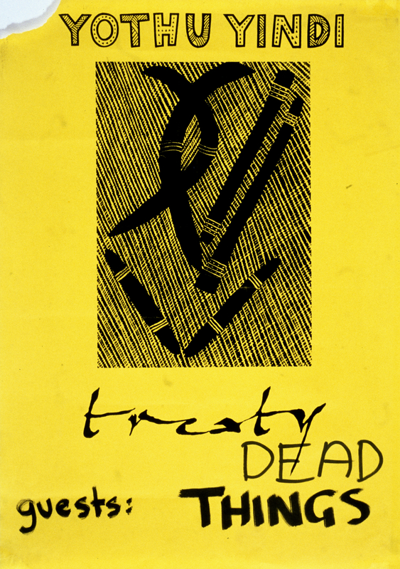 A bright yellow poster promoting a Yothu Yindi concert. It features an artwork of various indigenous instruments.