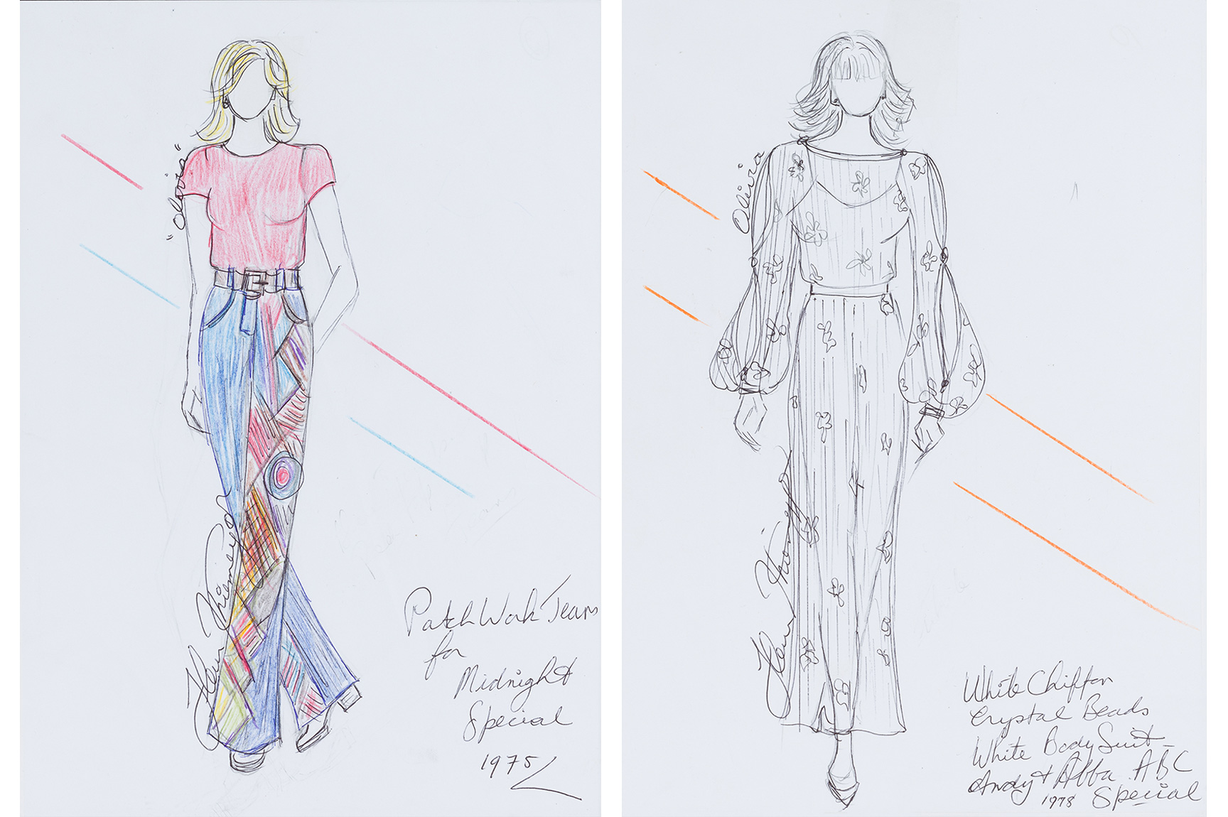 Designs by Fleur Thiemeyer for Olivia Newton-John, 1975 and 1978