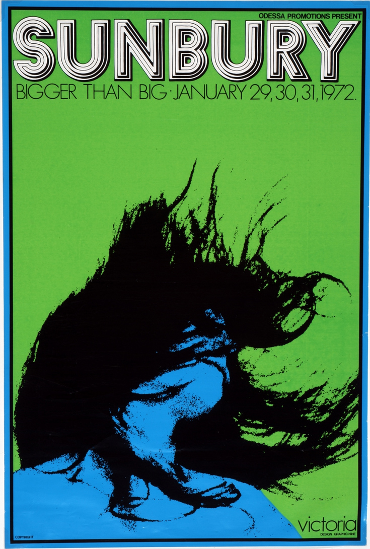 John Rezska's iconic poster for the Sunbury Music Festival with the words 'Sunbury. Bigger than big. January 29, 30, 31 1972' at the top. The main background is a forest green, with a strong blue edge around it all. There is a graphic illustration of a young woman flipping her hair back over her head at the bottom, rendered in black.