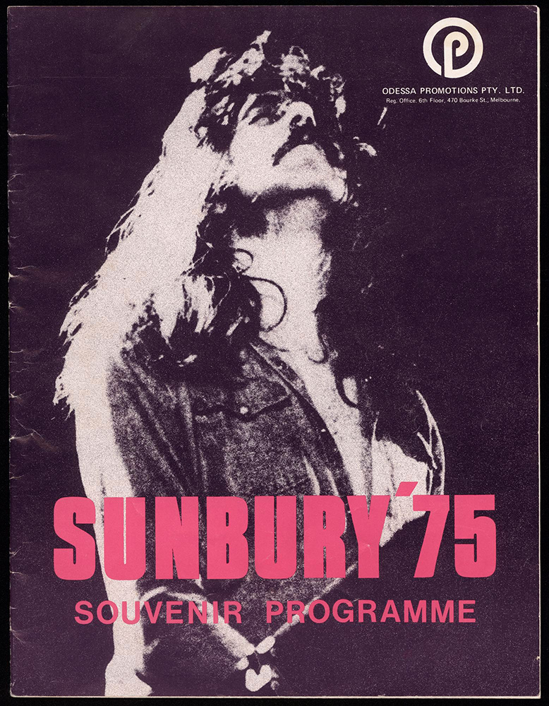 The cover of the program for the 1975 Sunbury Music Festival with 'Sunbury '75' written across the bottom in pink all caps. The main image is a black and white photo of a long-haired male musician with a large moustache, his head tipped back while he performs.
